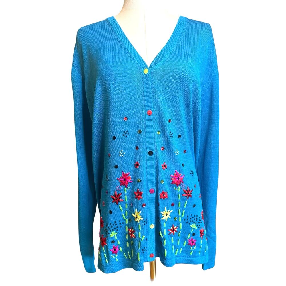 Vintage Diane Gilman Floral Beaded Embroidery Multicolor Sweater Cardigan 1X
